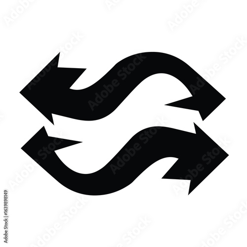 Two curved black arrows facing opposite directions symbolize exchange or reversal