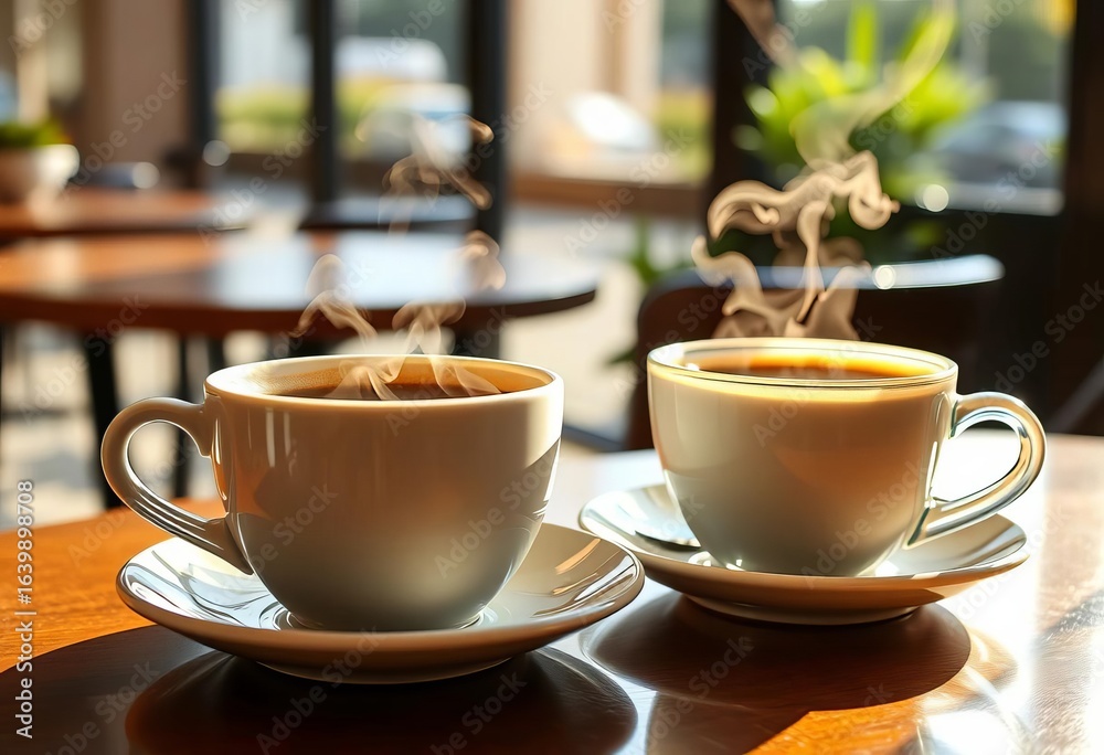 Fototapeta premium Two steaming cups of coffee on cafe table, sunlight through window, coffee beans, warm