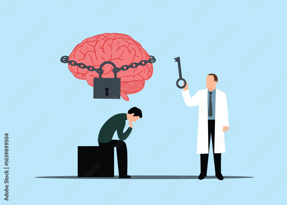 Depressed Man, Chained Brain, Doctor with Key: Mental Health, Therapy, Hope Concept Illustration Depressed Man, Chained Brain, Doctor with Key: Mental Health, Therapy, Hope Concept Illustration