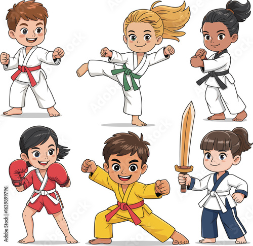 PrintKids martial arts, karate poses, boxing, taekwondo, judo, cartoon children, training action, cute fighters, white uniforms, fighting stances, illustration