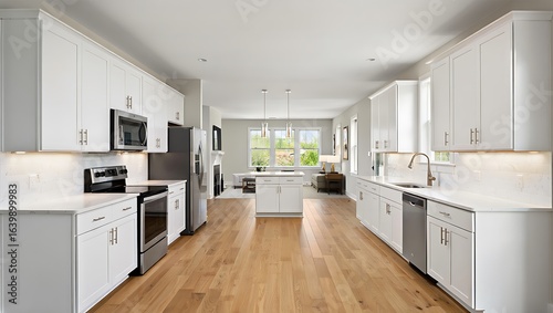 Bright and Modern Kitchen Interior with White Cabinets and Hardwood Floors Open Concept Design and Stainless Steel Appliances Abundant Natural Light