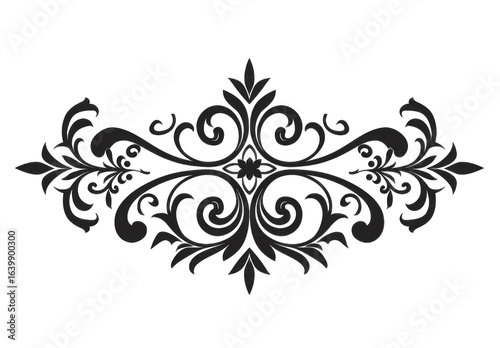 Ornate, symmetrical design with scrolling floral patterns, centered on a dark background.  Intricate details of leaves, swirls, and small blossoms create a decorative flourish