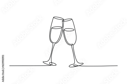 Minimalist One Line Champagne Glasses Vector Illustration, Continuous Line Drawing Art