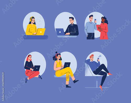 Set of diverse people using laptops and smartphones for work and communication