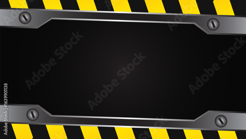 Abstract background with a black center, framed by gray metallic bars and yellow and black diagonal warning stripes.