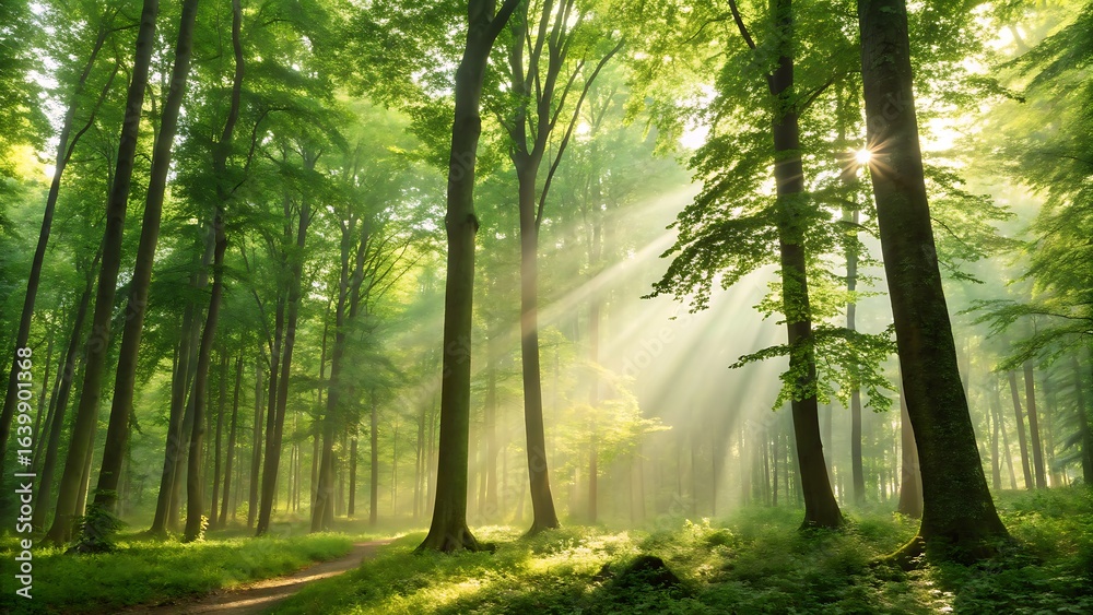 Fototapeta premium Sunlight Streaming Through Dense Forest Canopy, Illuminating the Woodland Path and Verdant Foliage, Creating a Serene Scene.