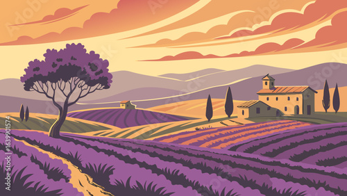 sunset over lavender fields in provence