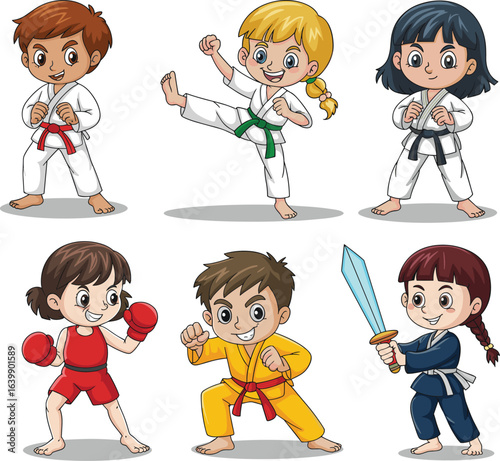 PrintMartial arts kids, karate, judo, taekwondo, boxing, sword training, cartoon children, action poses, white uniforms, fighter characters, illustration