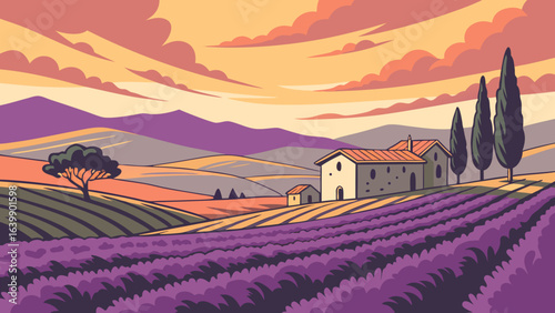 sunset over lavender fields in provence