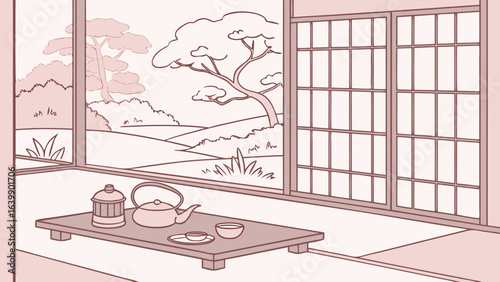 minimalist japanese tea ceremony in soft pastel