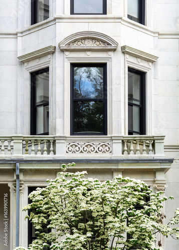 Wallpaper Mural Elegant stone bay window with carved pediment and spring tree in bloom in Boston, Massachusetts, USA
 Torontodigital.ca