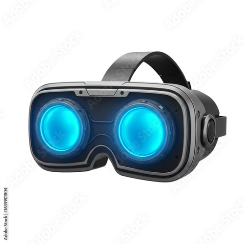 Close up view of a virtual reality headset with glowing blue lenses on a white background