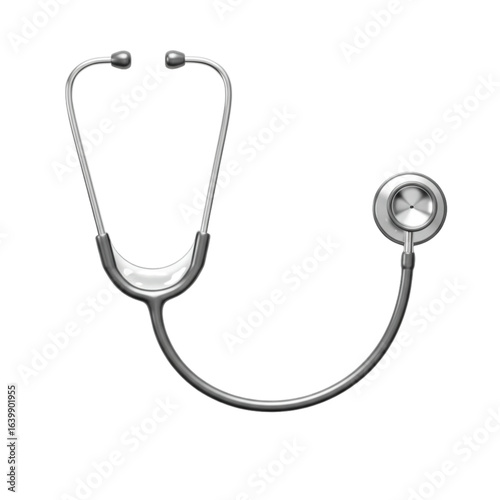 A medical stethoscope with ear tubes and chest piece on a plain white background view