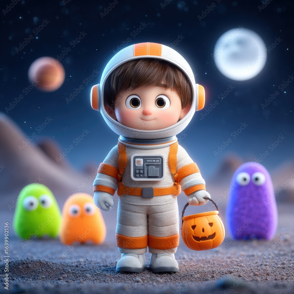 Naklejka premium Cute Cartoon Space Explorer with Pumpkins on Alien Landscape
