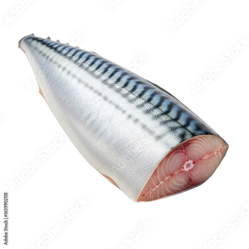 Fresh raw mackerel fish steak with its shiny silver skin isolated on a clean white background.