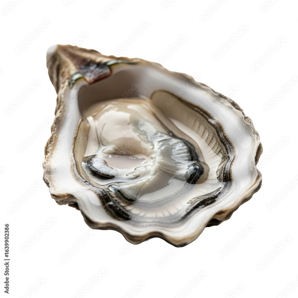 Naklejka premium A single fresh raw oyster on the half shell, shimmering with juices, isolated on a white background.