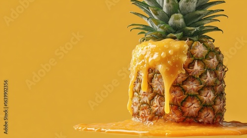 Halved pineapple reveals dioxin contamination with neon-orange drops on white background