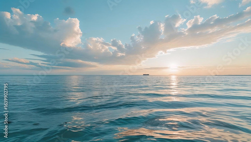 Aerial view of sunset sky, nature, beautiful bright sunset or sunrise over the sea, colorful sunset sky landscape with amazing clouds and waves on the background of cloud light.