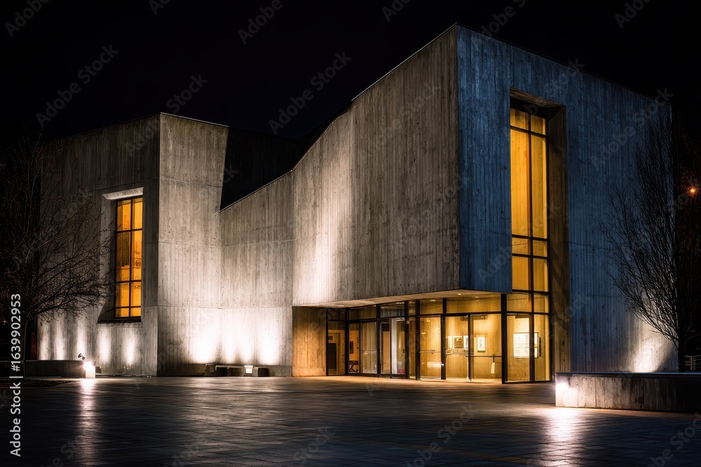 Fototapeta premium Modern Concrete Building Illuminated at Night