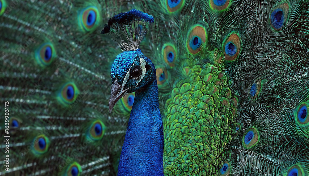 Obraz premium A stunningly colorful peacock with its magnificent blue and green tail feathers on full display
