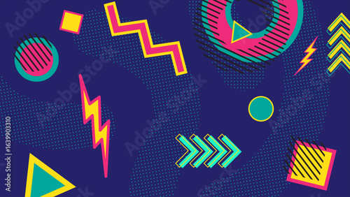 Retro 1980s-style geometric shapes and patterns in vibrant colors against a dark blue textured background, creating a fun and energetic design.