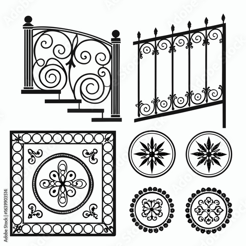 Set of Decorative Wrought Iron Elements Railings Gate and Ornamental Details in Black Silhouette on White Background