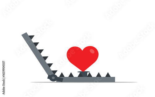 Heart in a Trap: Flat Design Illustration of a Red Heart in a Metal Bear Trap, Representing Risk, Danger, or Vulnerability in Relationships.