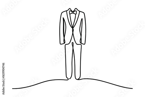 Minimalist single line drawing a tuxedo suit with a bow tie formalwear clothing
