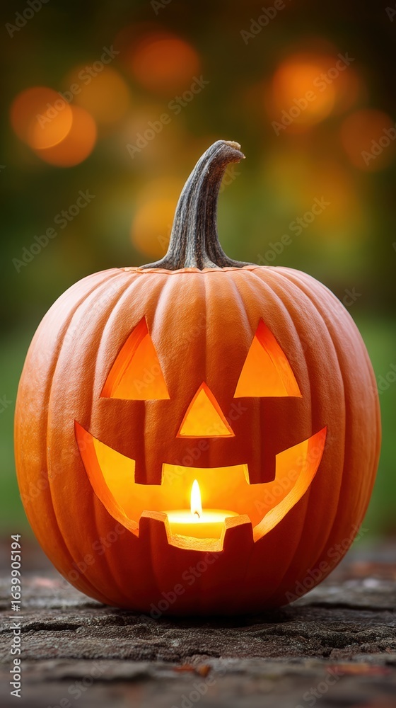 Fototapeta premium Charming Halloween Pumpkin with Candle Light and Smiling Face