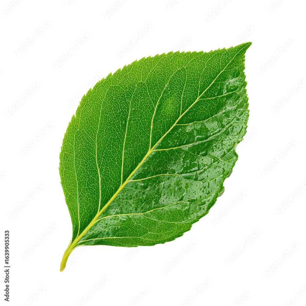 Obraz premium Green leaf with detailed texture showcasing vibrant colors and natural clarity, captured in a studio setting during daylight hours