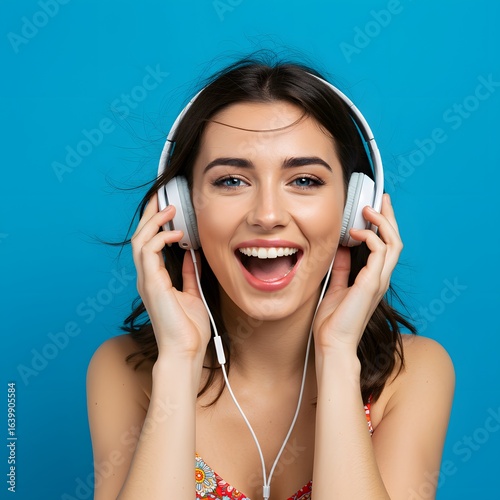 Carefree pretty girl scream from joy, listening music in headphones with happy face, lip-sync lyrics, standing over blue background.	
