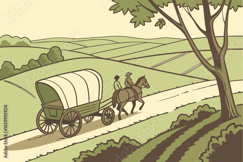 horse-drawn wagon moving down a gravel path in nauvoo illinois surrounded by peaceful farmland