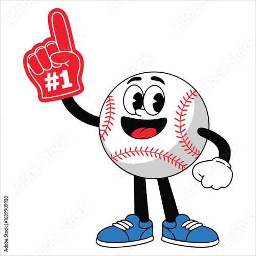 Hand drawn baseball mascot with foam finger cartoon character vector clip art illustration perfect for sports branding, fan themes, and casual designs.
