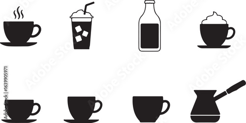 Black coffee cup iced drink bottle and cezve icons