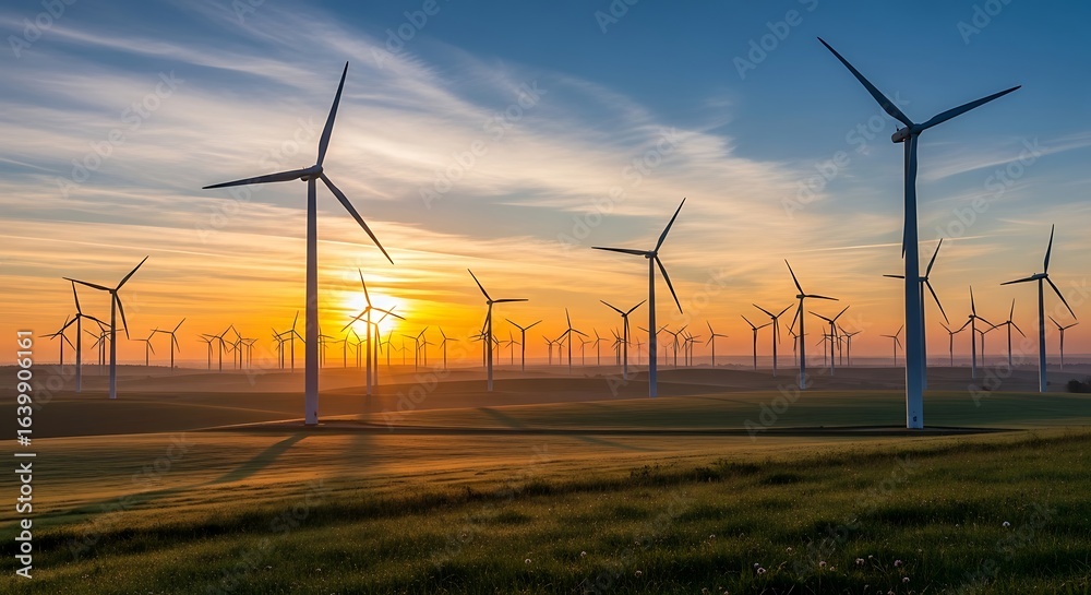 Obraz premium Breathtaking Landscape of Wind Turbines at Sunrise with Vibrant Sky: Eco-Friendly Energy Generation in Rural Fields, Symbolizing Sustainable Development and Nature's Harmony