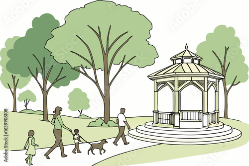 public art installation in a park in decatur illinois with families walking dogs and kids playing nearby