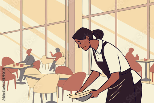 restaurant worker in Illinois wiping tables while thinking about minimum wage, indoor scene with natural lighting