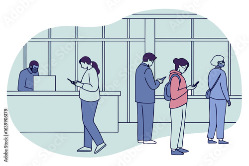 queue at a DMV office in illinois with a sign directing people to use cyberdrive illinois for faster service