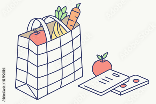 grocery receipt and EBT card labeled illinois food stamps lying on a countertop with produce nearby