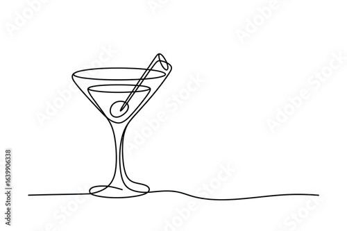 Minimalist One Line Drawing of a Martini Glass with Olive – Continuous Line Cocktail Illustration