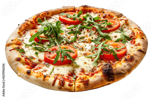 Round pizza topped with tomatoes, mozzarella, and arugula