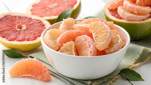 Fresh and Juicy Slices of Citrus Fruit in a Bowl on a Light Wooden Surface with Green Leaves.