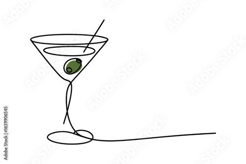 Minimalist One Line Drawing of a Martini Glass with Garnish – Continuous Line Drink Illustration