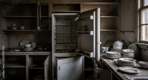 Dusty, old kitchen with open fridge and dirty dishes