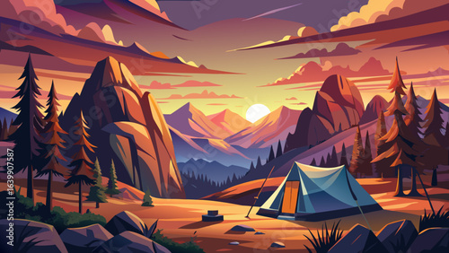 Semi-realistic vector shows tourist tent camping in mountains at sunset, warm colors, dramatic sky, soft shadows, serene landscape, exploration mood, breathtaking scenery, peaceful retreat, and timele