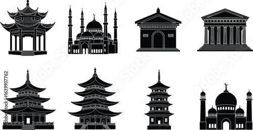 Architectural silhouette vector set, pagodas, mosques, temples, cultural building icons, black and white landmark illustration, CAD drawing style
