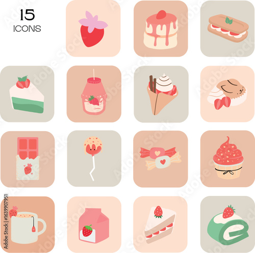 Fifteen Cute Strawberry Dessert Icons: Pastel Color Palette, Flat Design, Sweet Mood