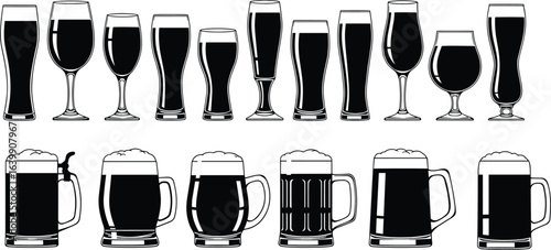 Beer glass and mug silhouette icon set, black vector illustration, foam-topped drinkware, minimal design, cad drawing flat vector pack
