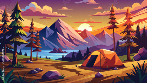Semi-realistic vector shows tourist tent camping in mountains at sunset, warm colors, dramatic sky, soft shadows, serene landscape, exploration mood, breathtaking scenery, peaceful retreat, and timele