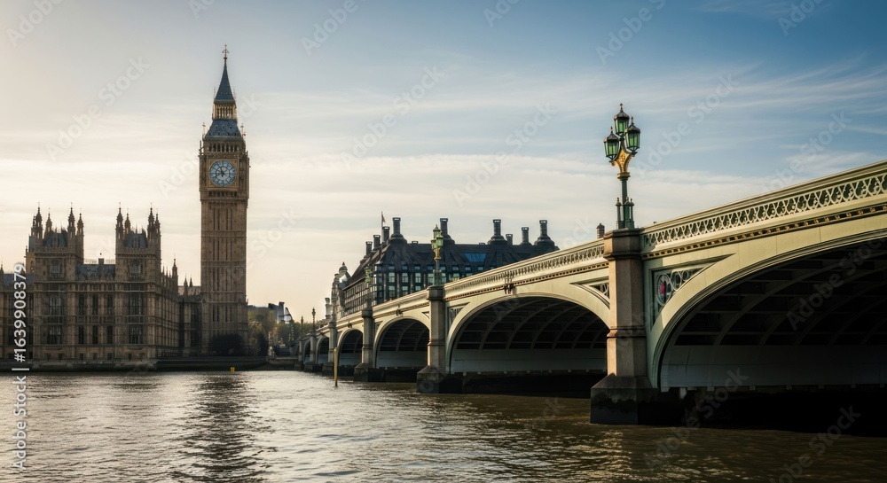 Fototapeta premium Clock tower & bridge span river, sunny daytime cityscape view